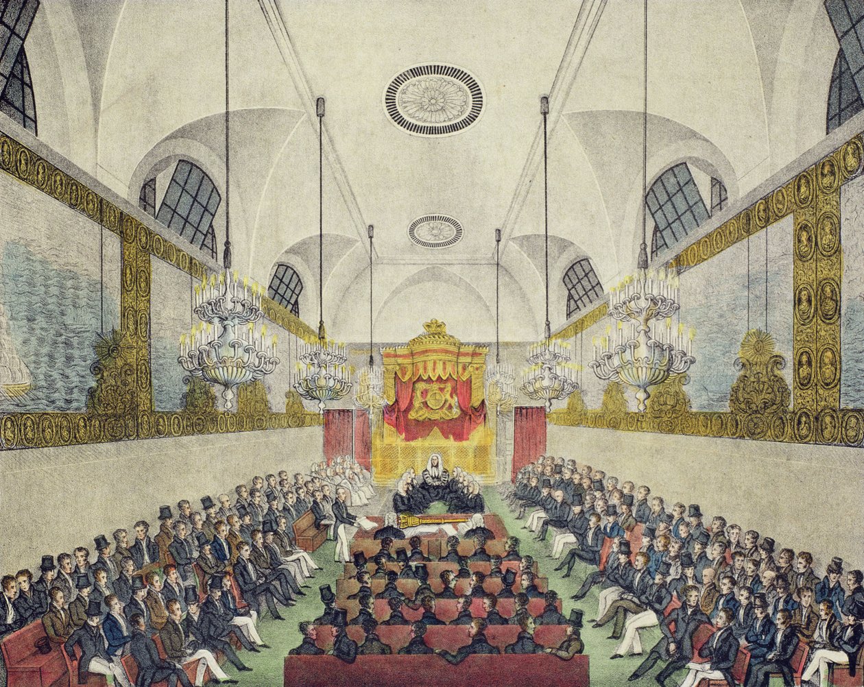 Interiör av House of Lords, i Palace of Westminster, tryckt och publicerat av Charles Ingrey, c.1830 (färgad litho) av English School