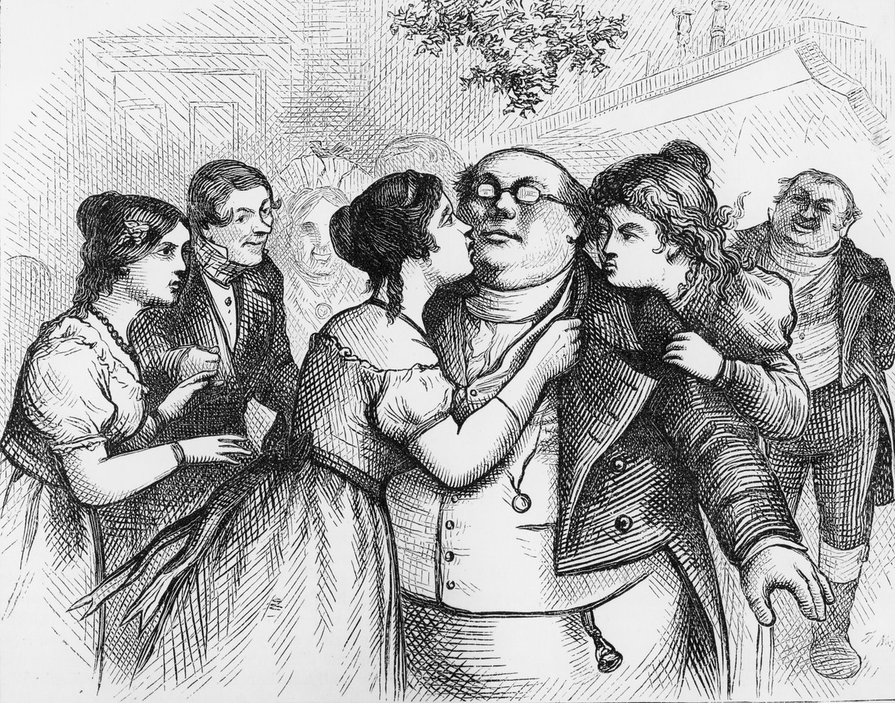 "Det var en trevlig sak att se Mr. Pickwick i mitten av gruppen", illustration från "The Pickwick Papers" av Charles Dickens av English School