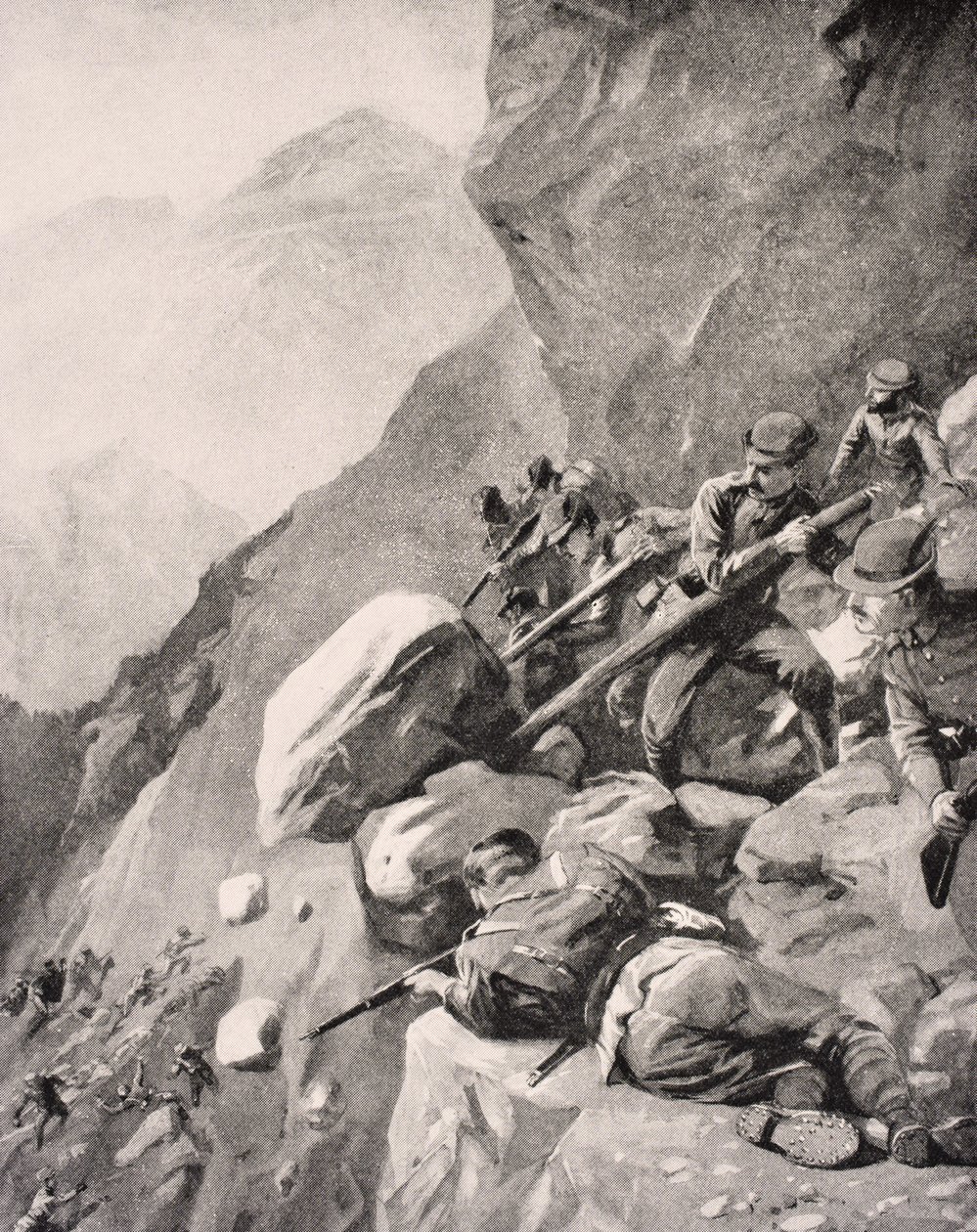 Italienska trupper lyfter ner stenblock mot fiendens soldater i Dolomiterna, 1915, från 