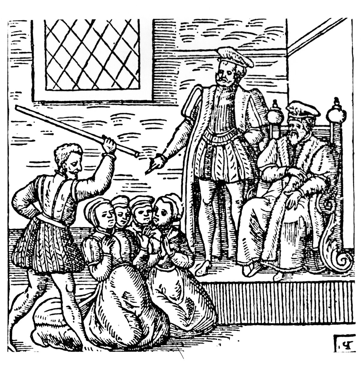 James I (1566-1625) av England och VI av Skottland undersöker North Berwick Witches, från "Newes from Scotland", 1591 av English School