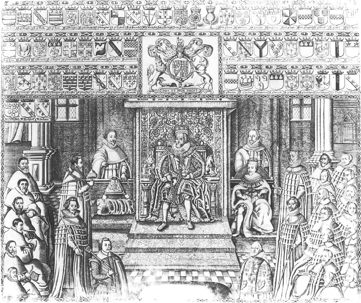 James I av England (1566-1625) vid Court av English School