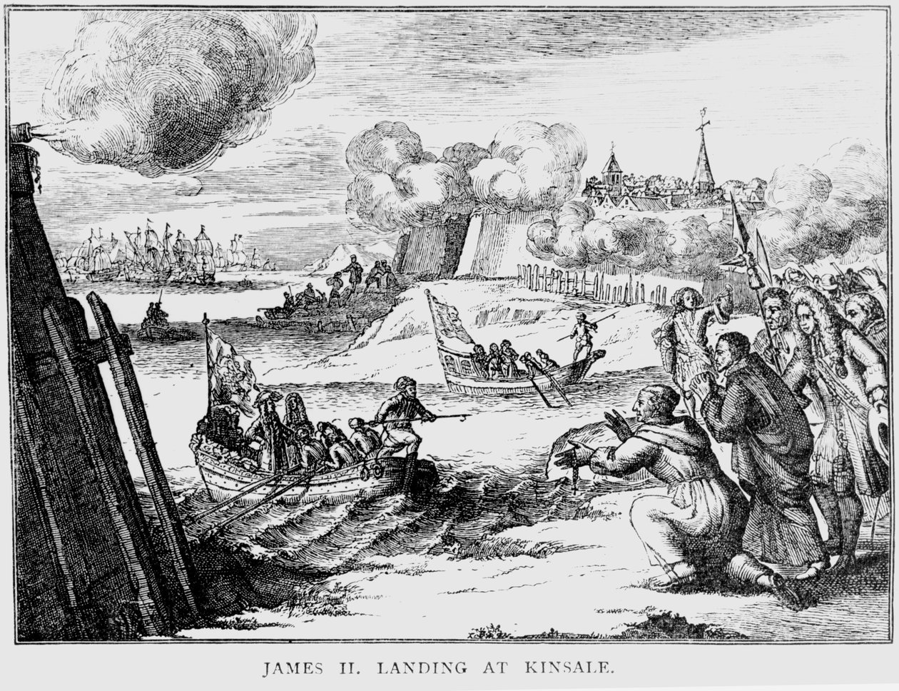 James II (1633-1701) Landning i Kinsale, 12 mars 1689 av English School