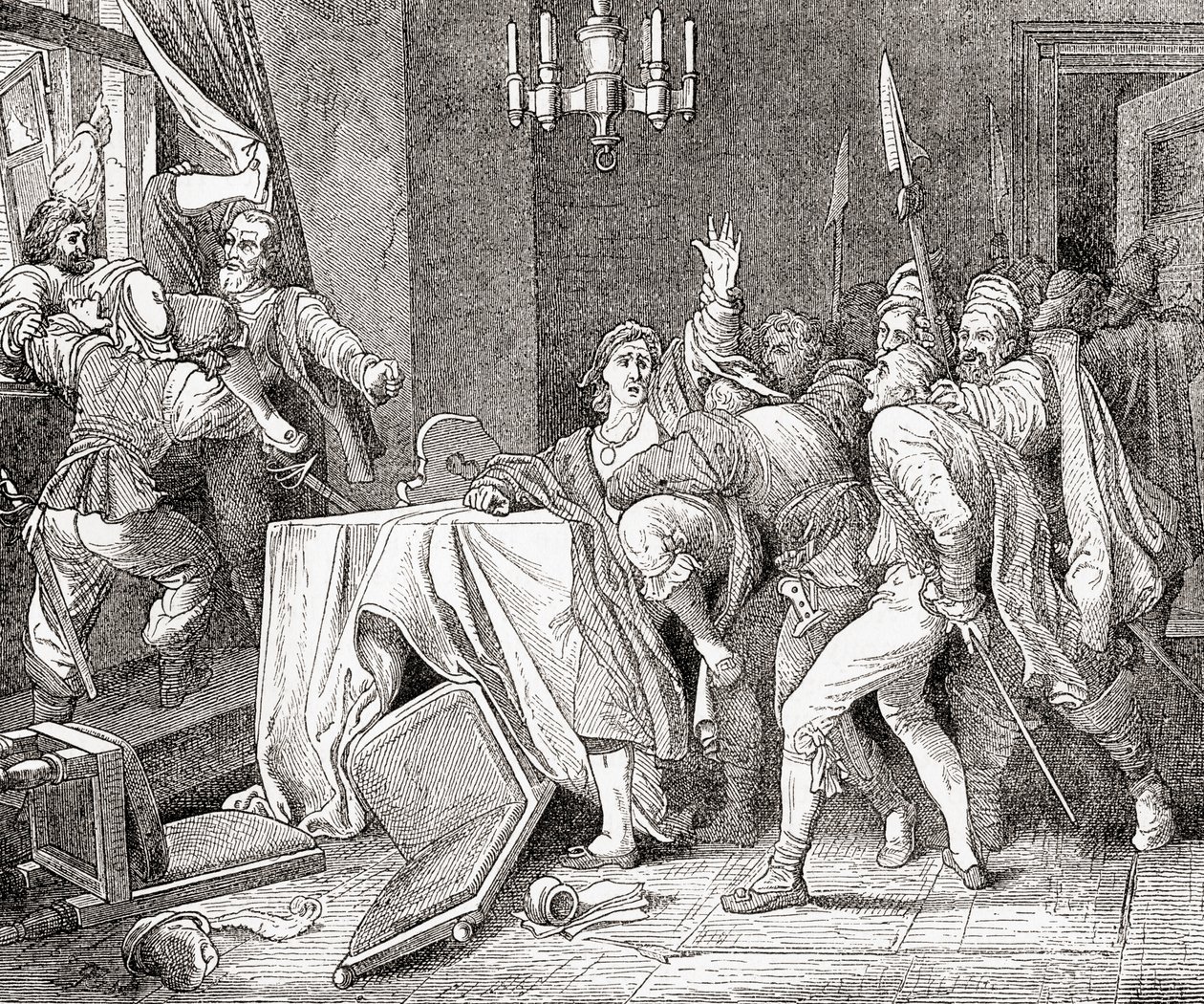 Jaroslav Brita av Martinice och Vilem Slavata av Chlum kastades från fönstret på palatset i Prag under Prags försvar 1618, från Ward and Locks Illustrated History of the Wo av English School