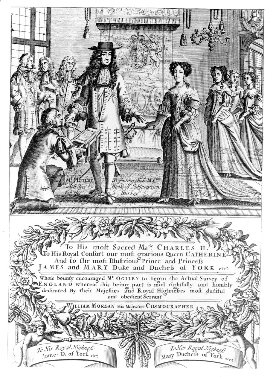 John Ogilby presenterar sin prenumerationslista för "Britannia" för kungen och drottningen, detalj från Morgans karta över London, 1682 av English School