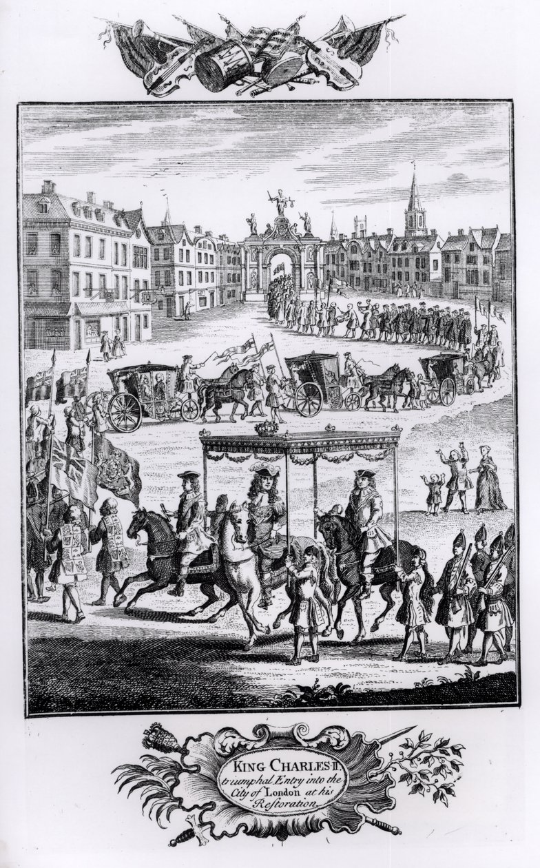 Kung Karl II (1630-85): Triumfintrång i Londons stad vid hans restaurering, maj 1660 av English School