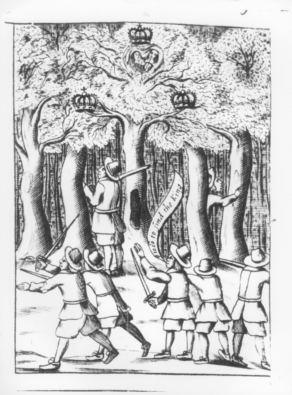 Kung Karl II (1630-85) gömmer sig i en ek vid Boscobel efter sitt nederlag i slaget vid Worcester 1651, publicerad 1660 av English School