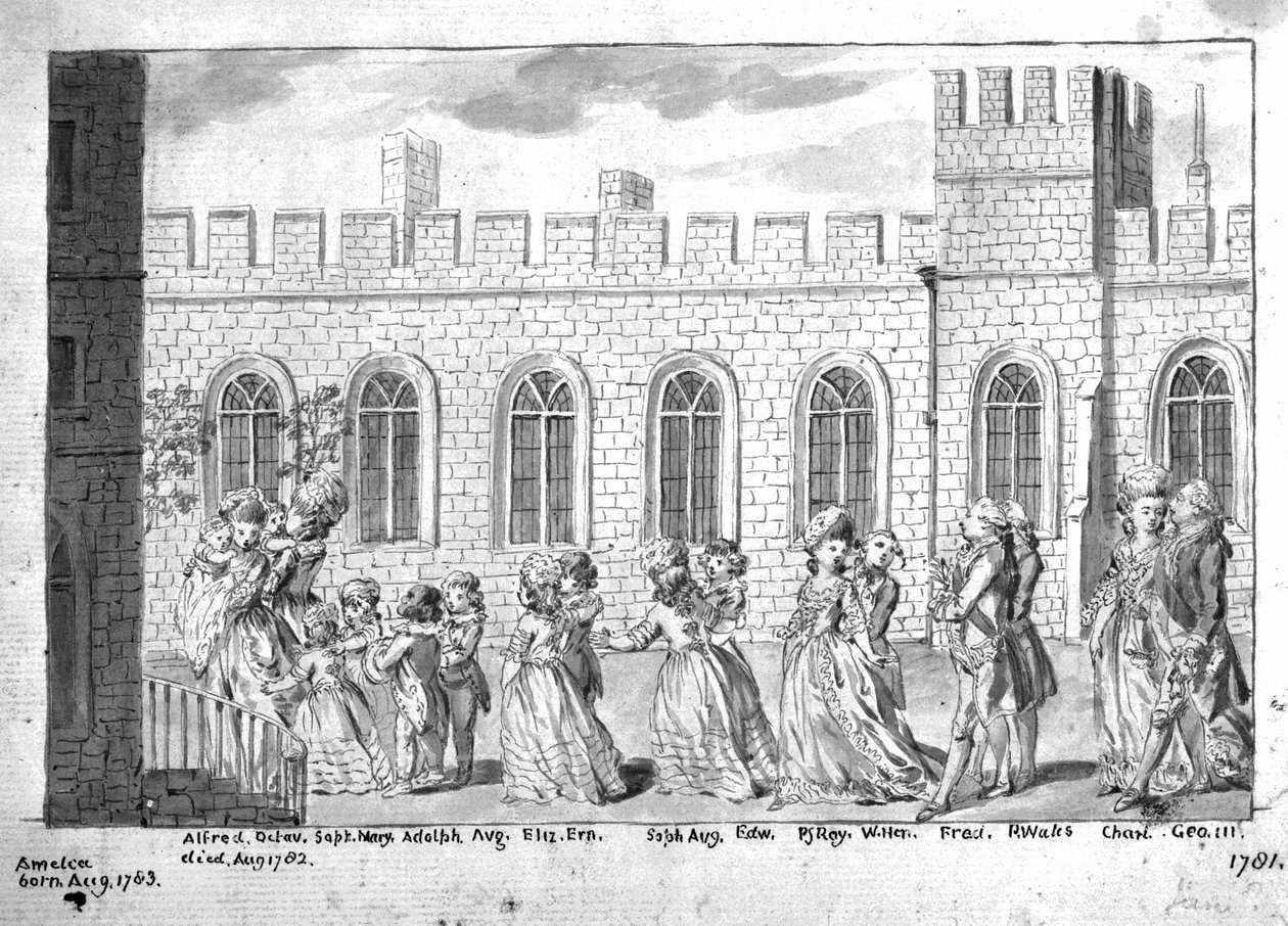 Kung George III och drottning Charlotte går i procession med sina fjorton barn, 1781 (penna och tvätt på papper) av English School