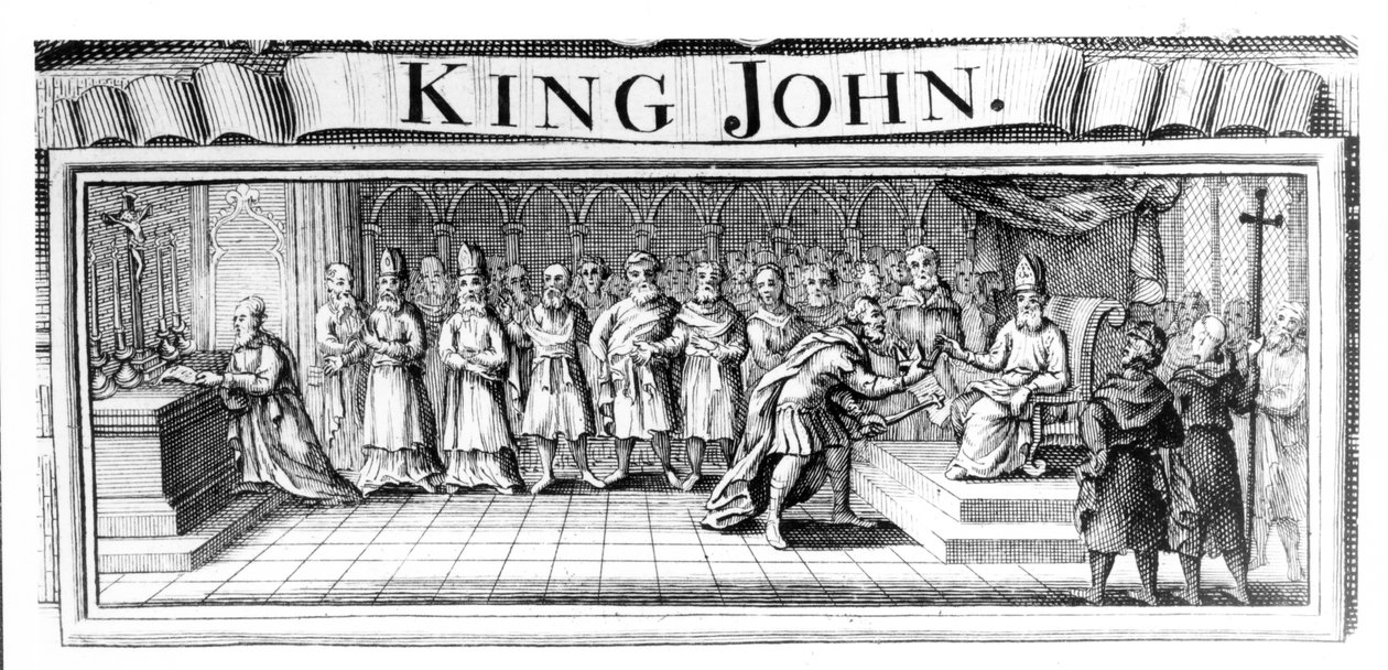 Kung John överlämnar sin krona till Pandulph Masca, påvlig legat, i Dover i maj 1213 av English School