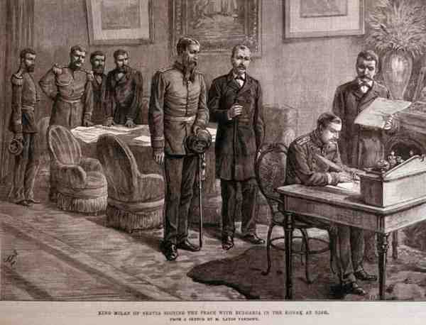 Kung Milan av Servia undertecknar freden med Bulgarien i Konak i Nish, från The Illustrated London News, 4 mars 1886 av English School