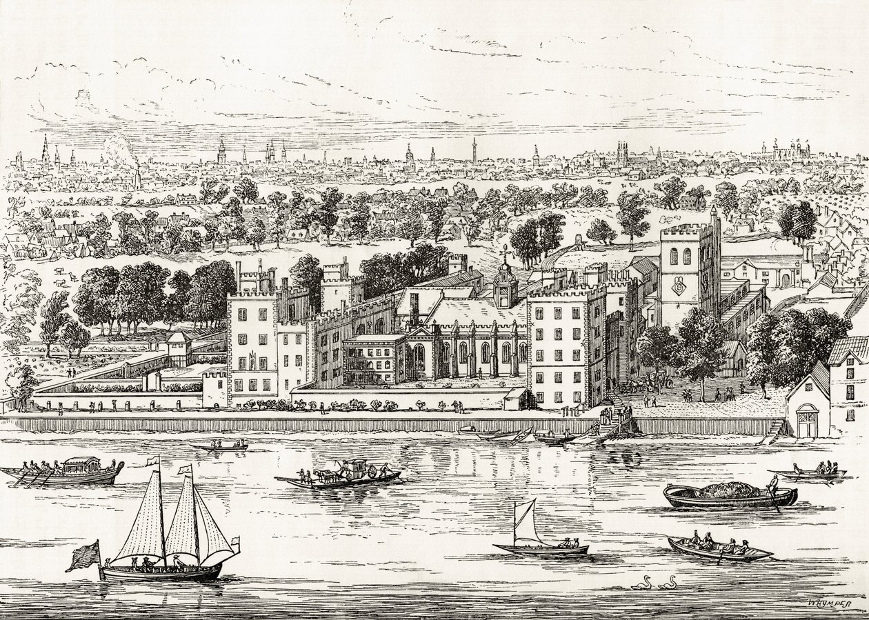Lambeth Palace från Themsen, från "London Pictures: Drawn with Pen and Pencil", av pastor Richard Lovett, publicerad 1890. av English School