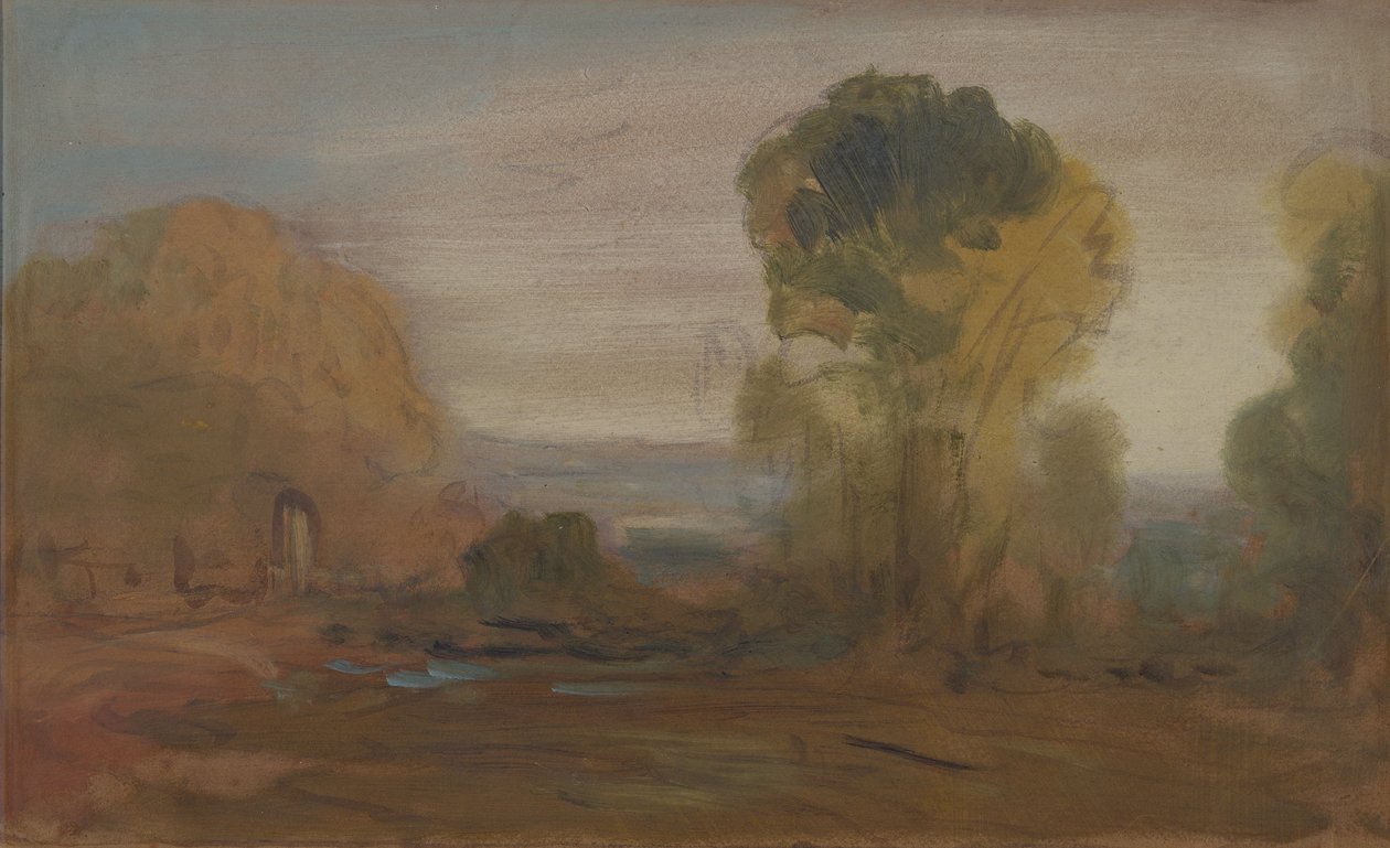 Landskap med träd, tidigare tillskrivet J.M.W. Turner (1775-1851) och även tillskriven Peter de Wint (1784-1849) (olja på papper) av English School