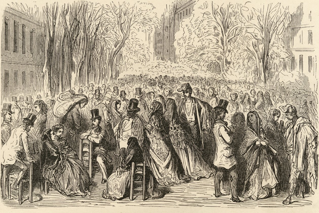 Las Ramblas, Barcelona, illustration från "Spanish Pictures" av pastor Samuel Manning av English School