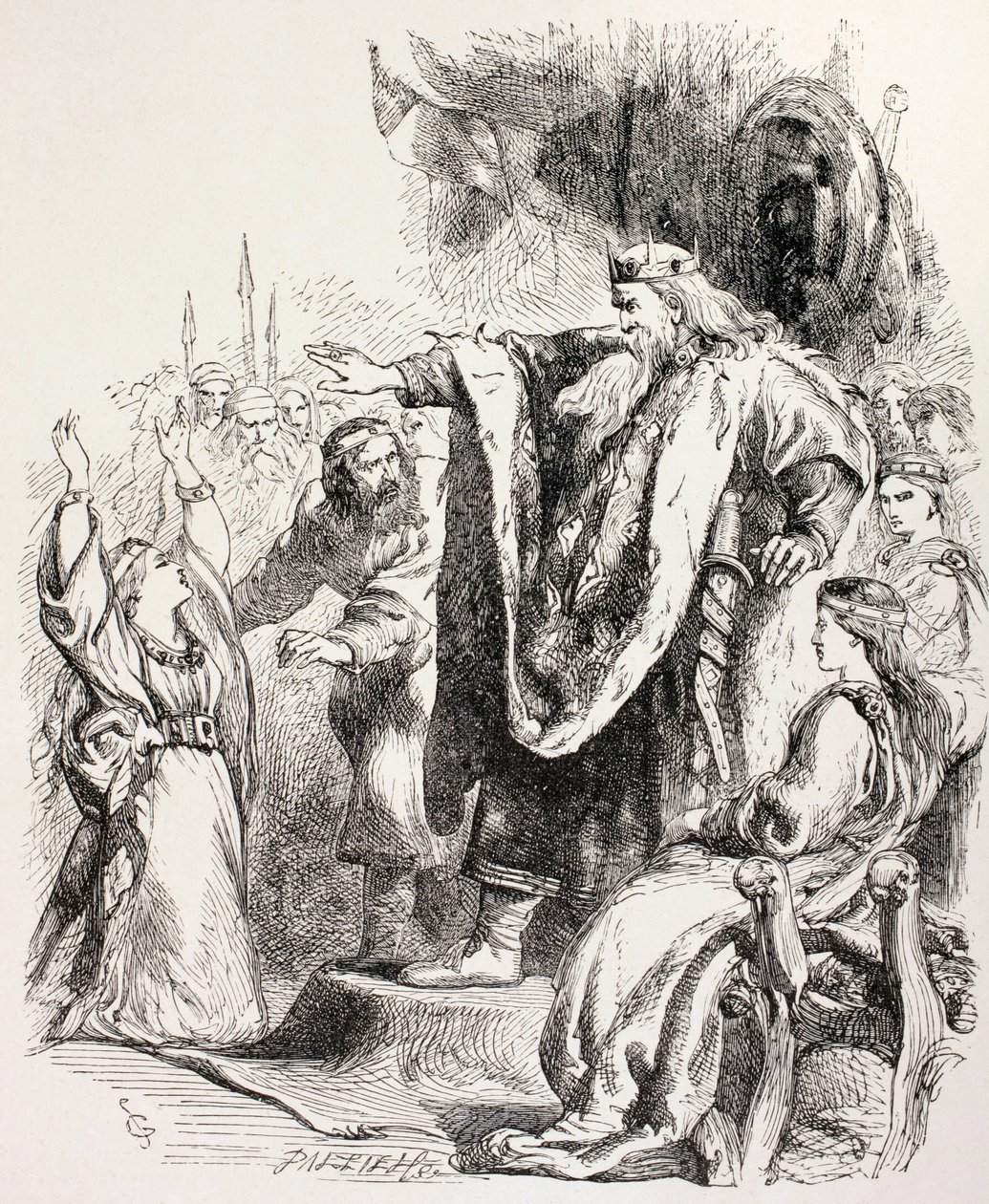 Lear tror att Cordelia inte älskar honom och förvisar henne, illustration från King Lear, från "The Illustrated Library Shakespeare", utgiven i London 1890. av English School
