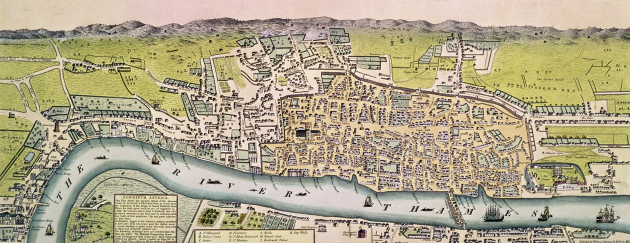 Londinium Antiqua, karta över London, pub. av William Darton, 1563 (handfärgad gravyr) av English School