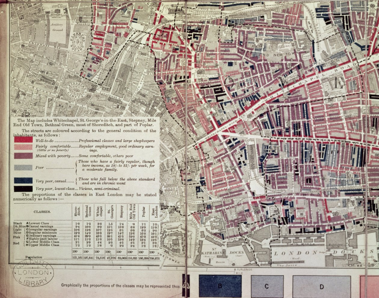 London: Whitechapel-sektion, från en beskrivande karta över East End Poverty, 1887 av English School
