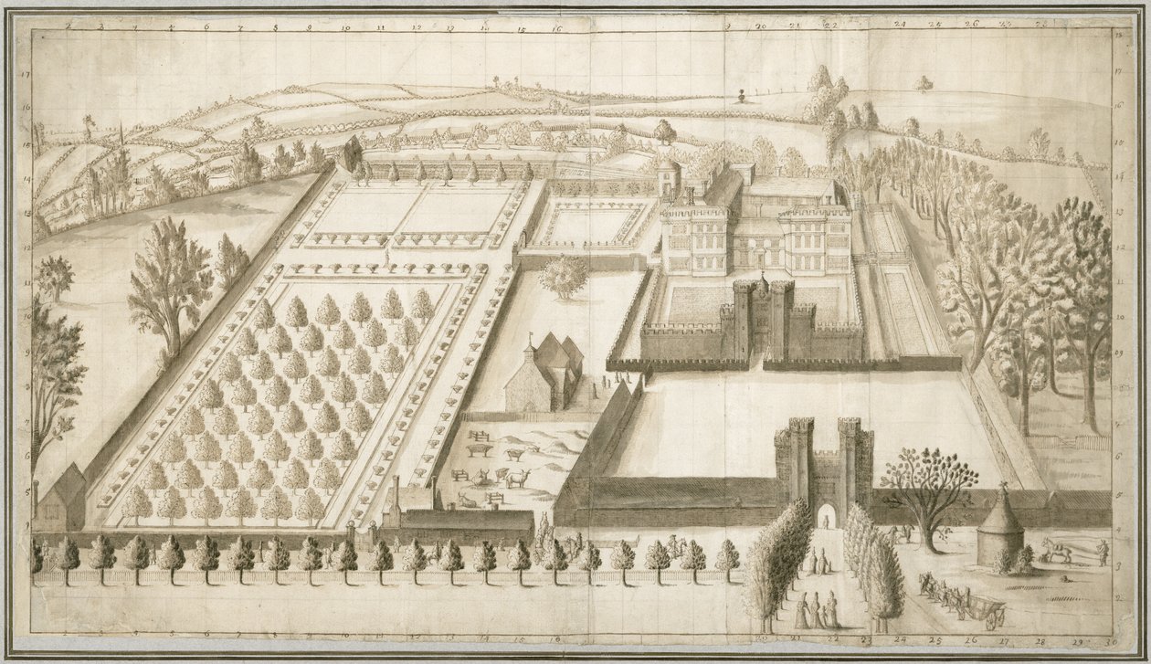 Lullingstone Castle, ca 1670 (penna och bläck med tvätt på papper) av English School