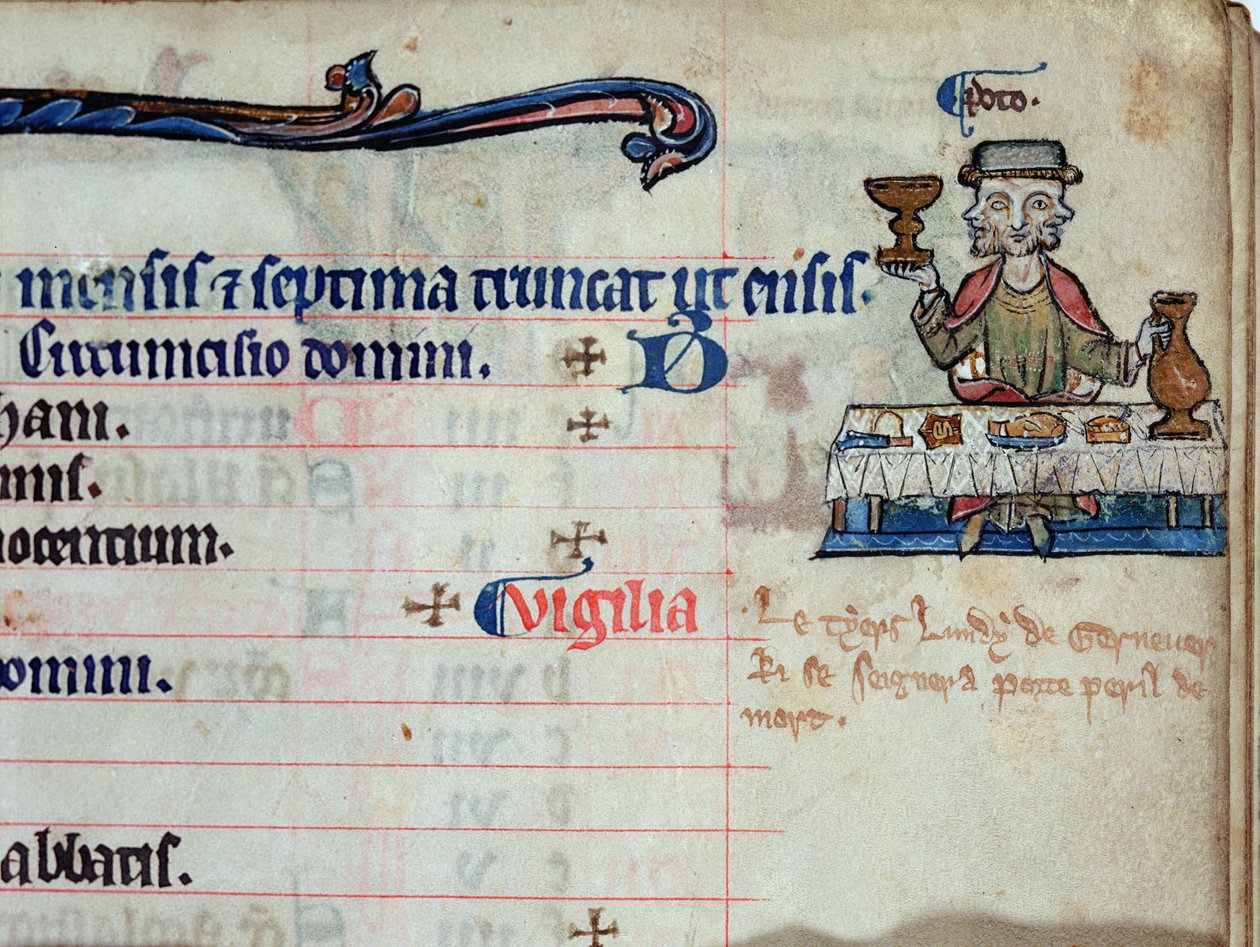 MS CCC 285 f.3 En trehövdad man som dricker, illustration för januari i en psaltarkalender, ca 1250-75 av English School