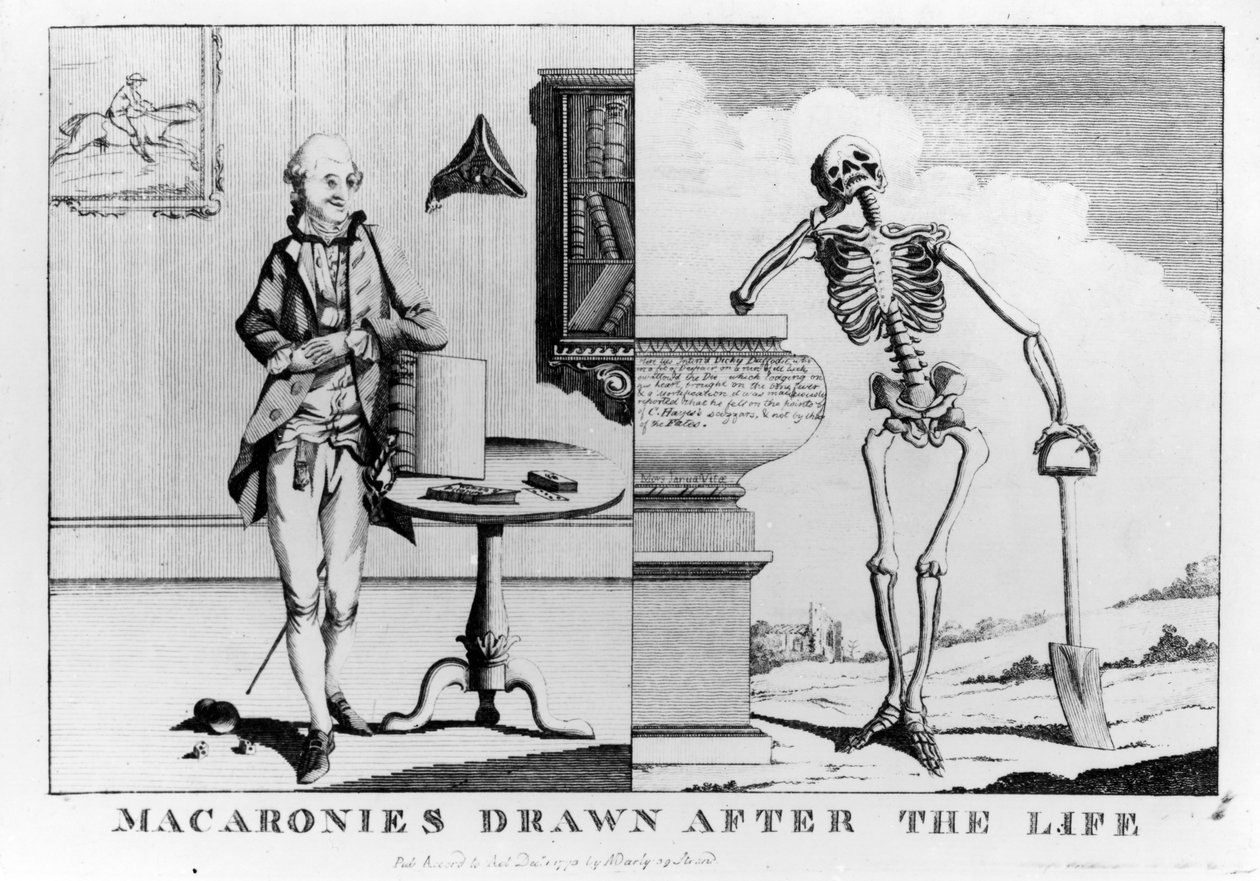 Macaronies Drawn After the Life, pub. av N. Darly, december 1773 av English School