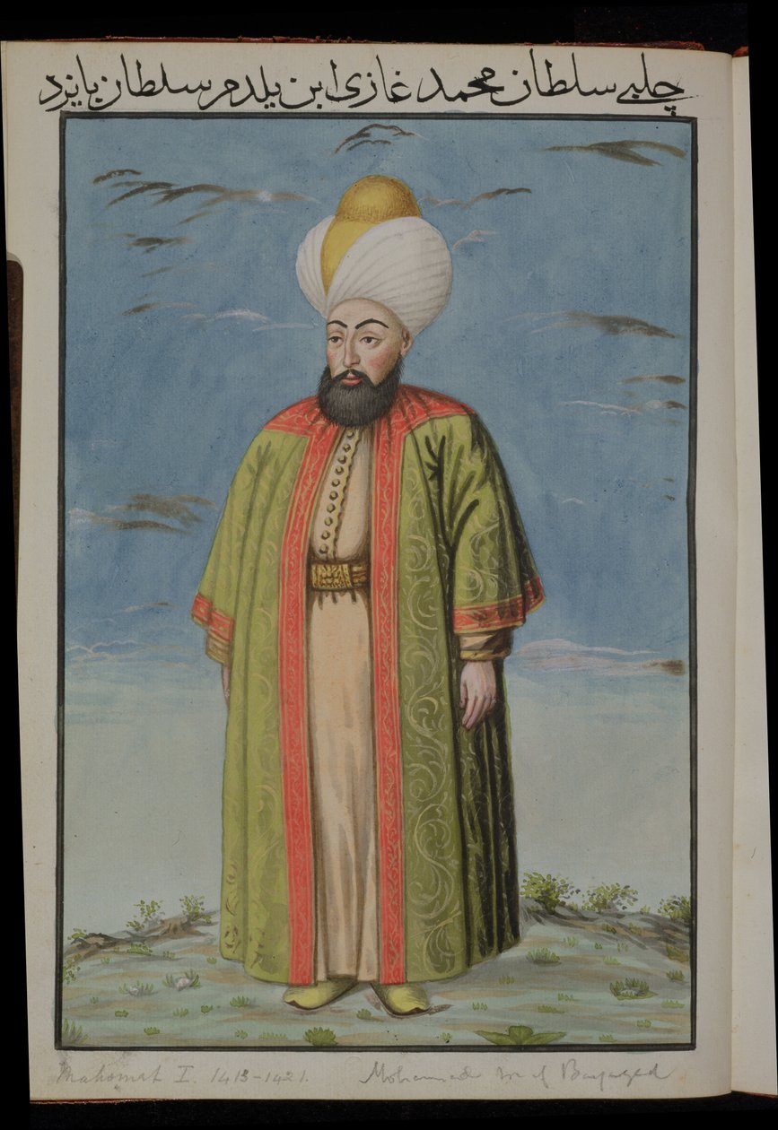 Mahomet (Mehmed) I (1387-1421), Sultan 1413-21, från A Series of Portraits of the Emperors of Turkey, 1808 (wc) av English School