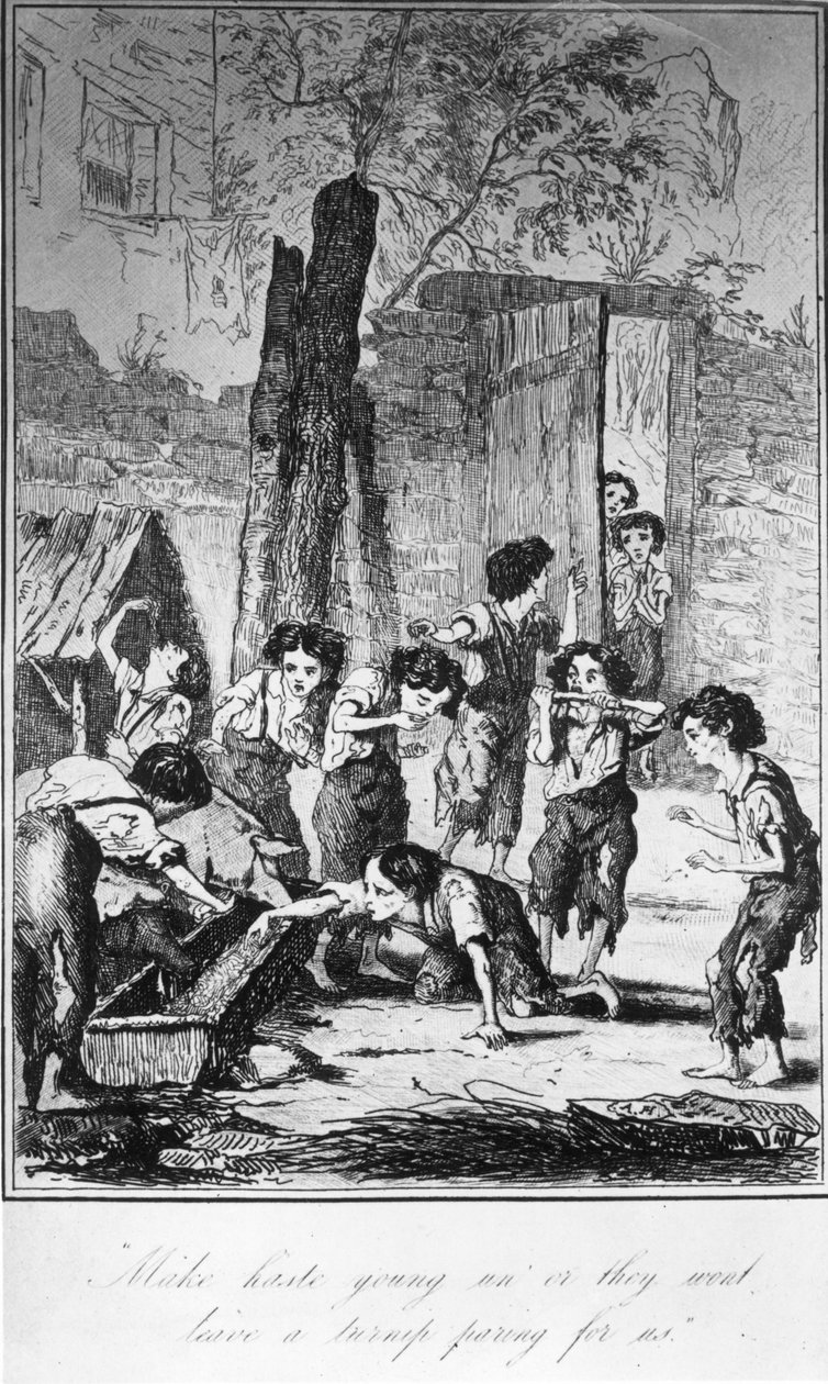 Skynda dig ung, annars kommer de inte att ha en kålrot för oss, illustration från Frances Trollopes "The Life and Adventures of Michael Armstrong", 1840 av English School