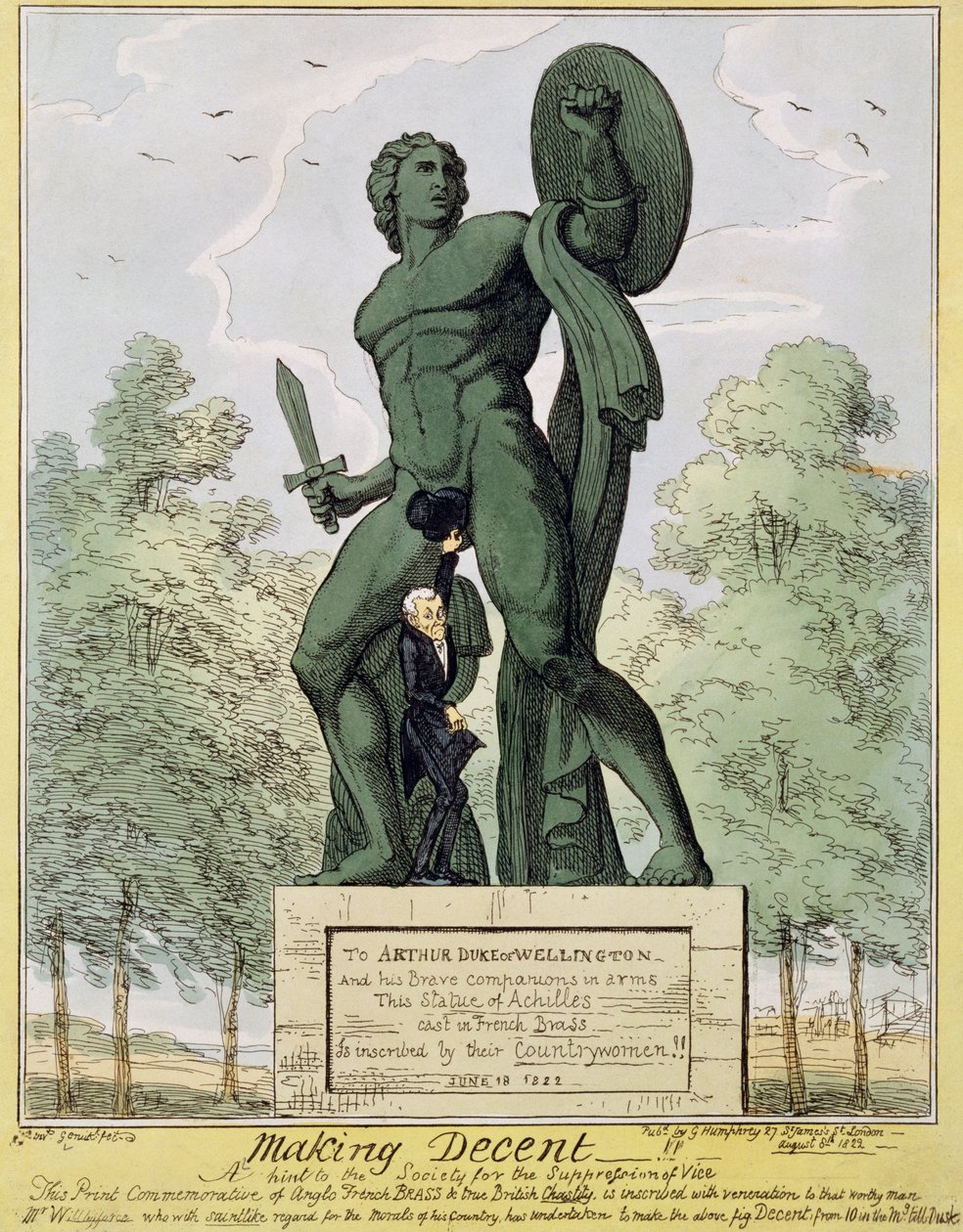 Making Decent, tecknad film som visar William Wilberforce (1759-1833) som täcker över statyn av Achilles vid Hyde Park Corner, av Richard Westmacott (1775-1856), pub. 1822 av English School