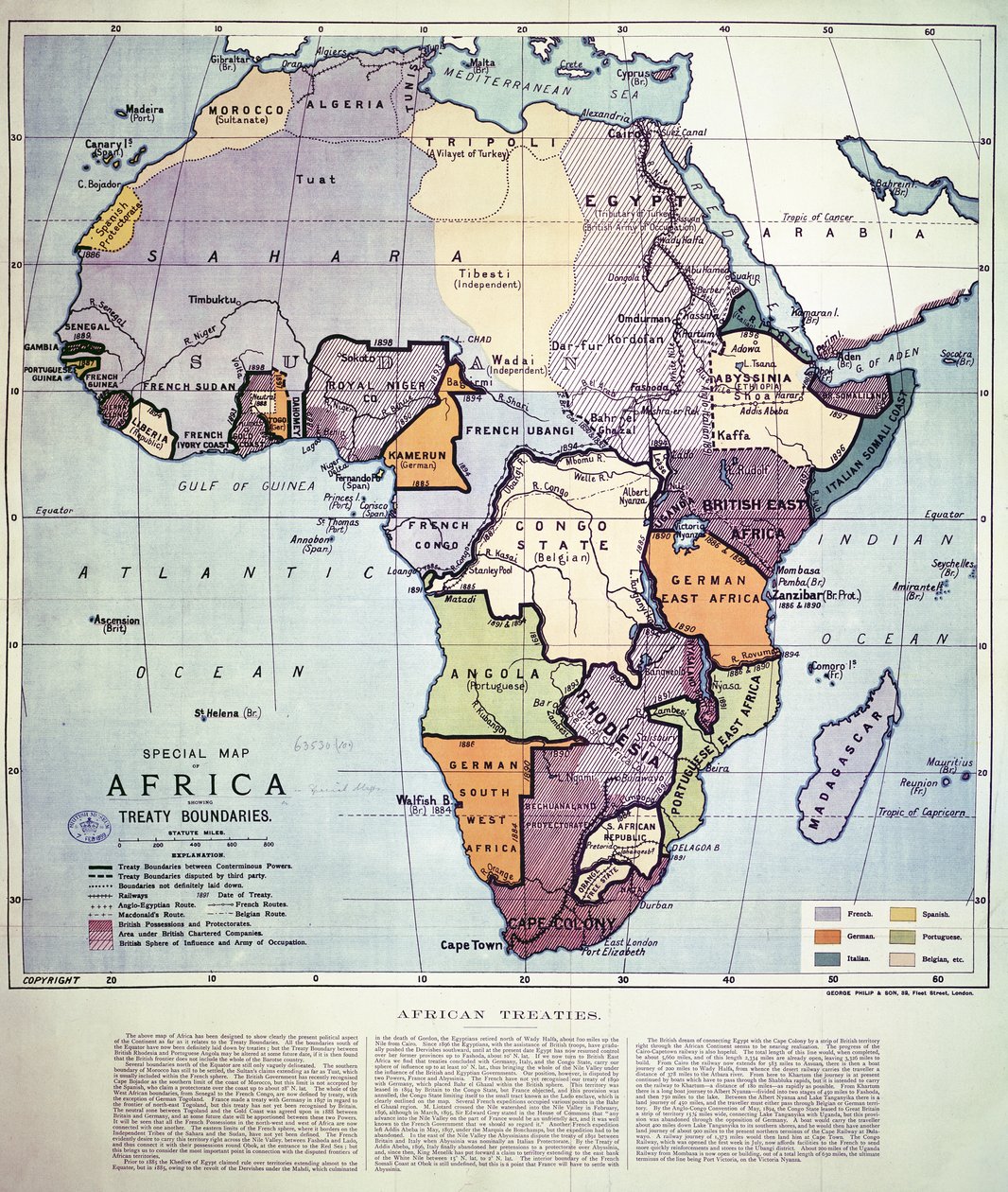Karta över Afrika som visar Treaty Boundaries, 1891 (färglitografi) av English School