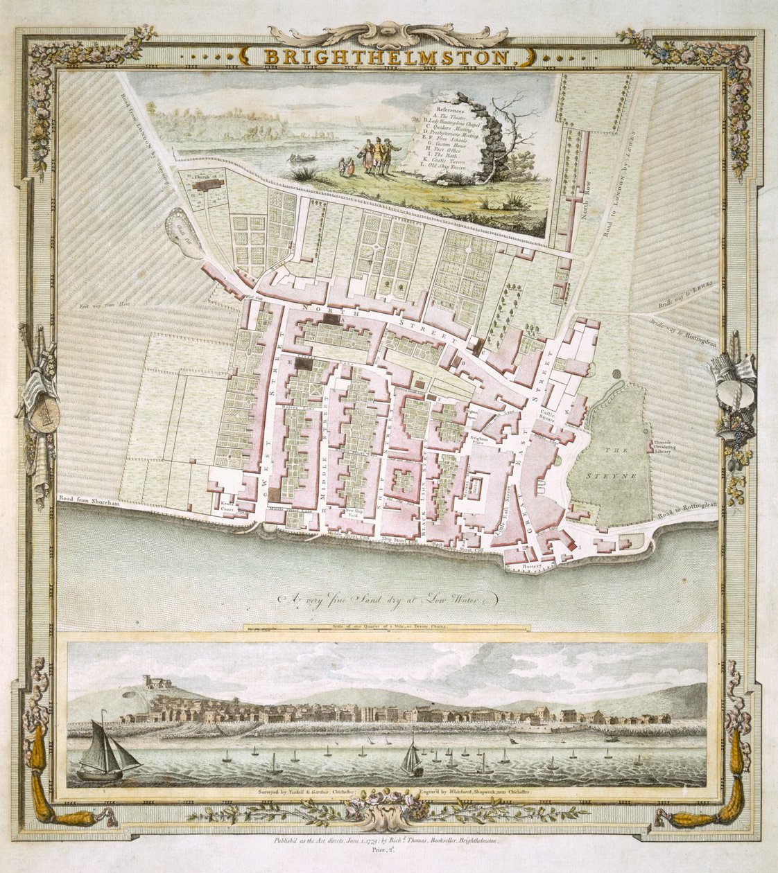 Karta över Brighton av Thomas Yeakell och William Gardner, graverad av Whitchurch, 1779 (färggravyr) av English School