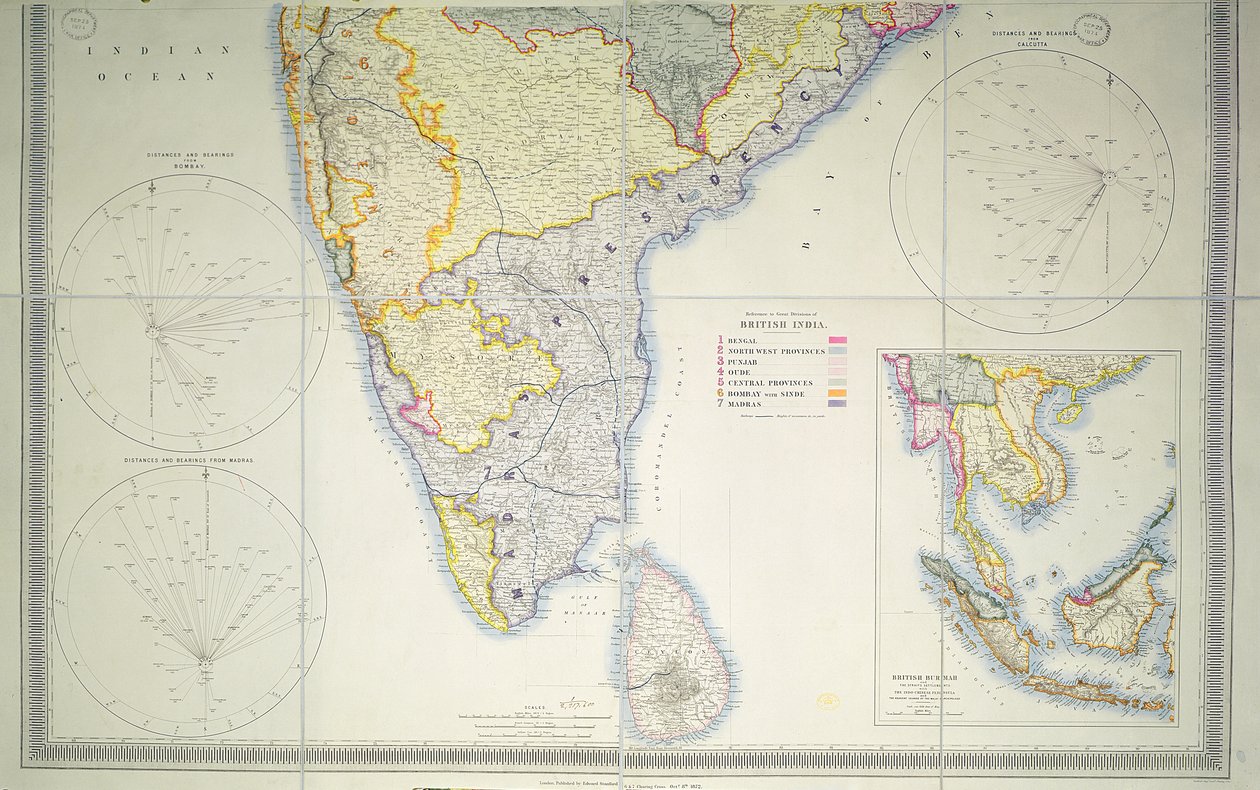 Karta över brittiska södra Indien, 1872 (färglitografi) av English School