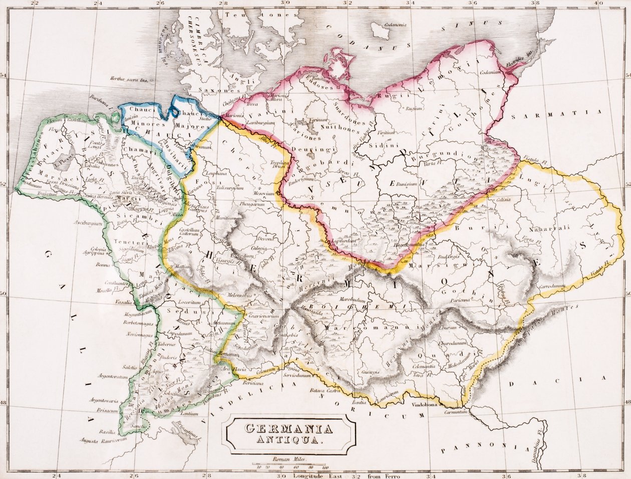 Karta över Tyskland, Germania Antiqua, från 