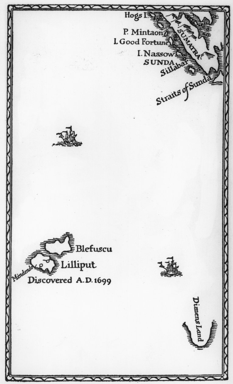Karta över Lilliput och Blefuscu, från den första upplagan av "Gullivers resor" av Jonathan Swift, 1726 (tryck) av English School