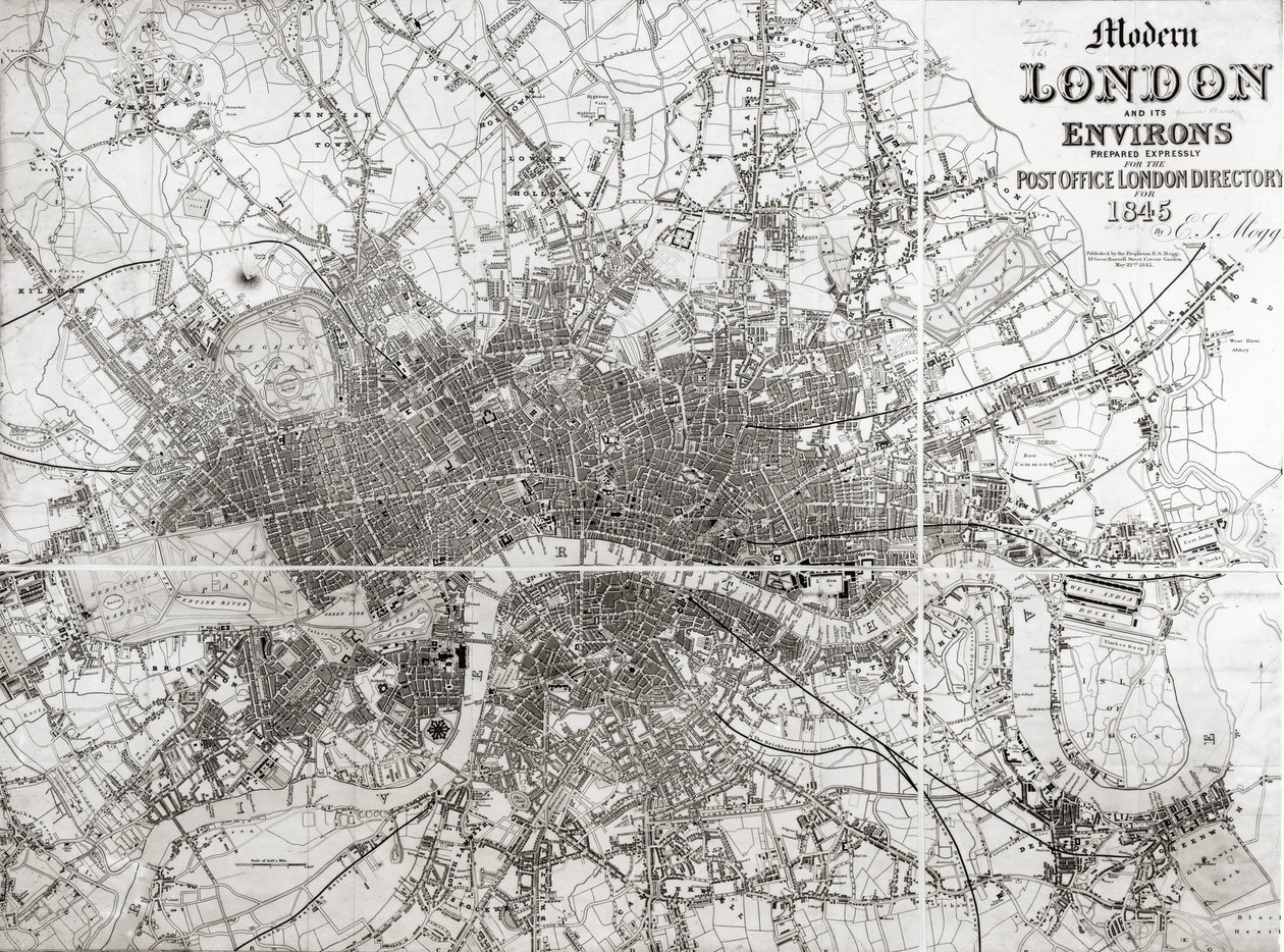Karta över moderna London och dess omgivningar, 1845 av English School