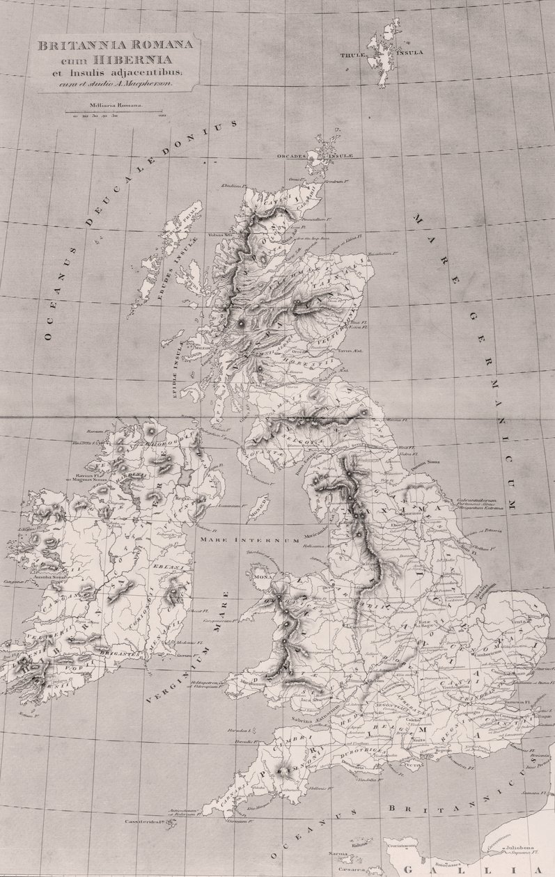 Karta över det romerska Storbritannien med Irland och angränsande öar, karta som ursprungligen publicerades i London, 1818 av English School