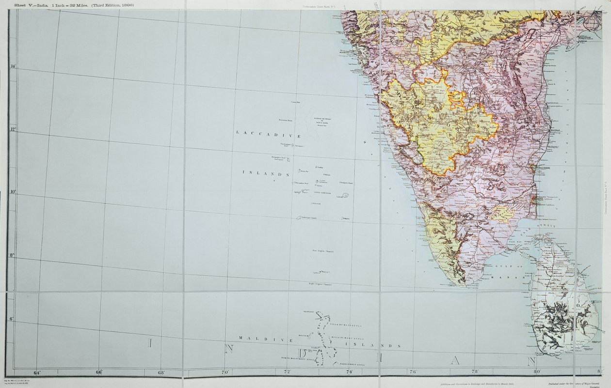 Karta över södra Indien, 1898 (färglitografi) av English School