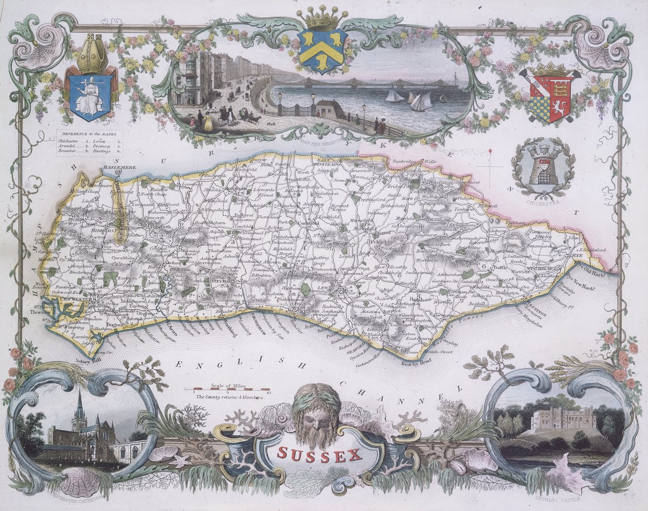 Karta över Sussex (färggravyr) av English School