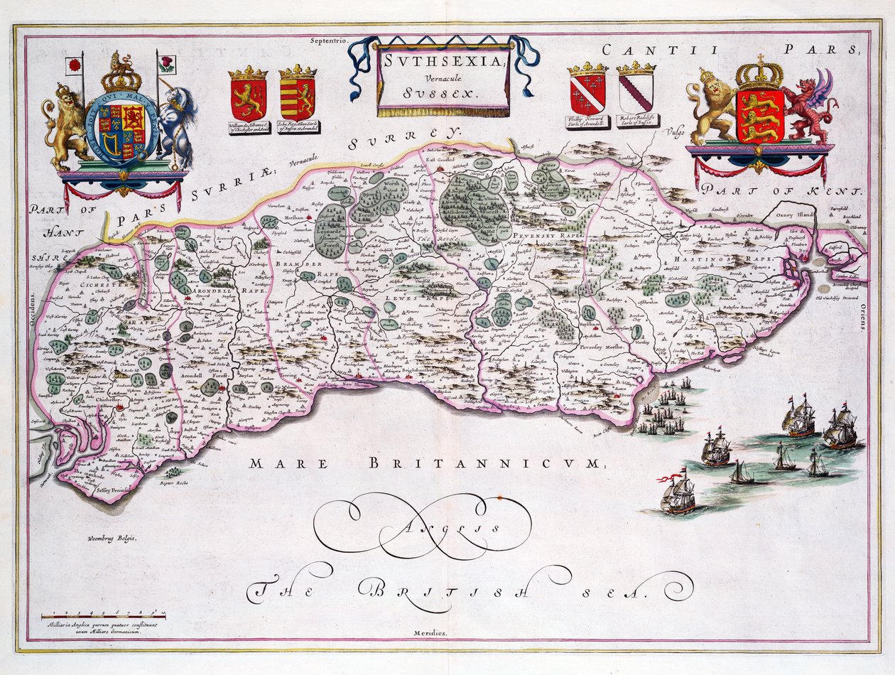 Karta över Sussex (handfärgad gravyr) av English School