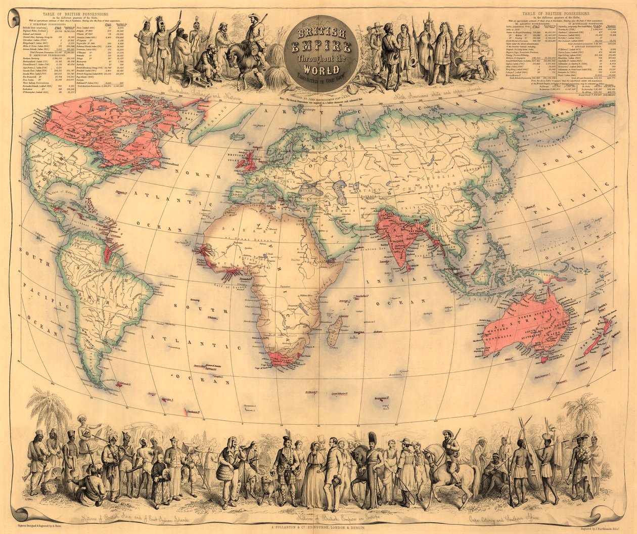 Karta över världen med ägodelar av det brittiska imperiet färgad röd, ca 1870 (handfärgad gravyr) av English School