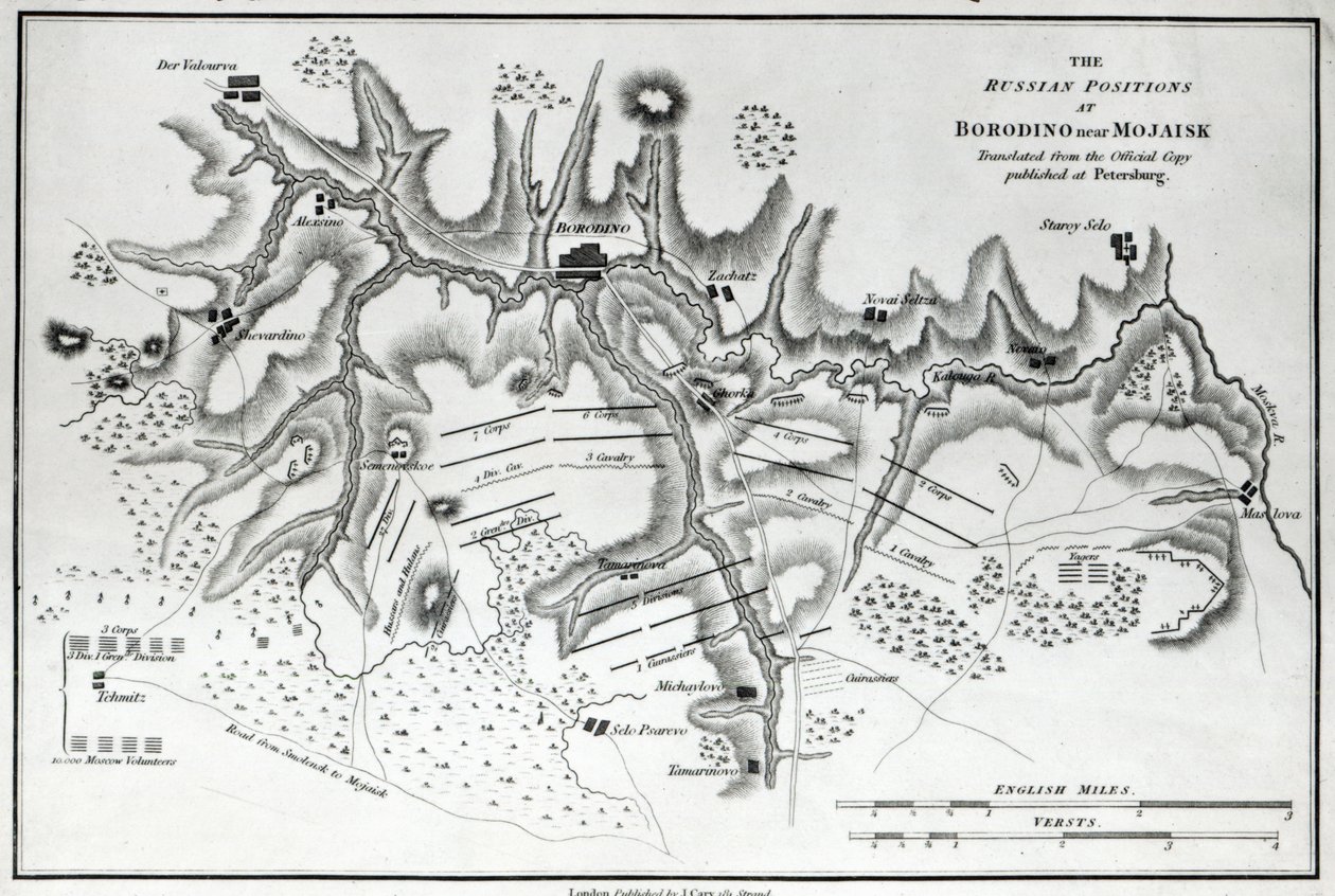 Karta som visar de ryska positionerna vid slaget vid Borodino, c.1812 av English School