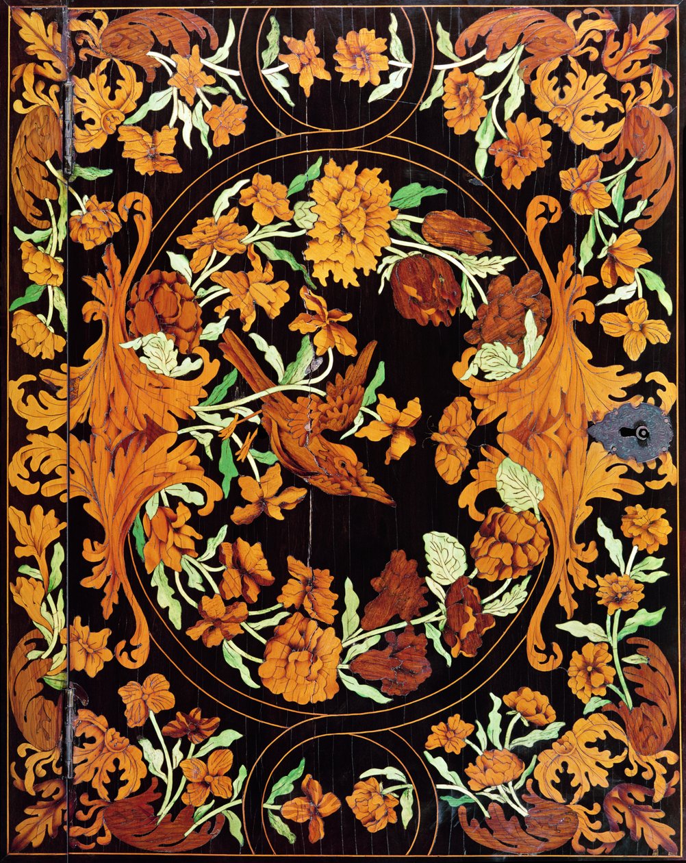 Marquetry box, engelska, ca 1670 (detalj) av English School