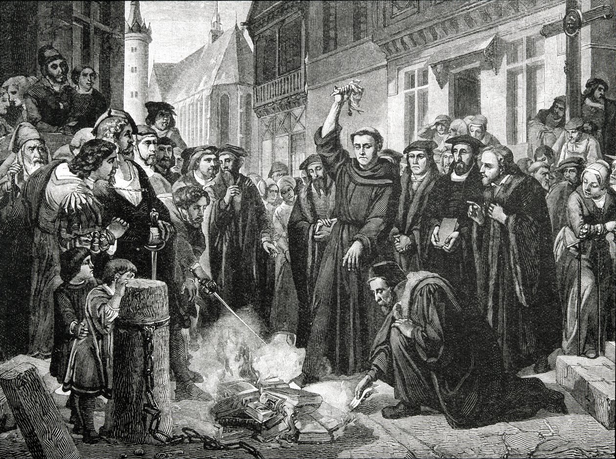 Martin Luther (1483-1546) Brände offentligt påvens tjur 1521 av English School
