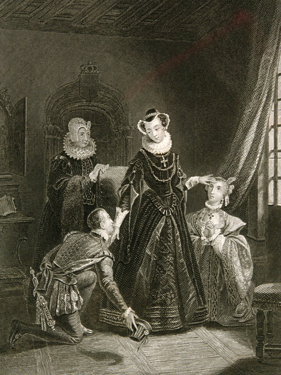 Mary, Queen of Scots (1542-87) i sällskap med hovmän av English School