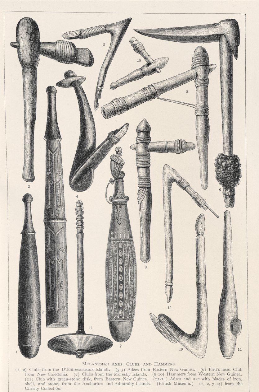 Melanesiska yxor, klubbor och hammare, från The History of Mankind, Vol.1, av Prof. Friedrich Ratzel, 1896 av English School