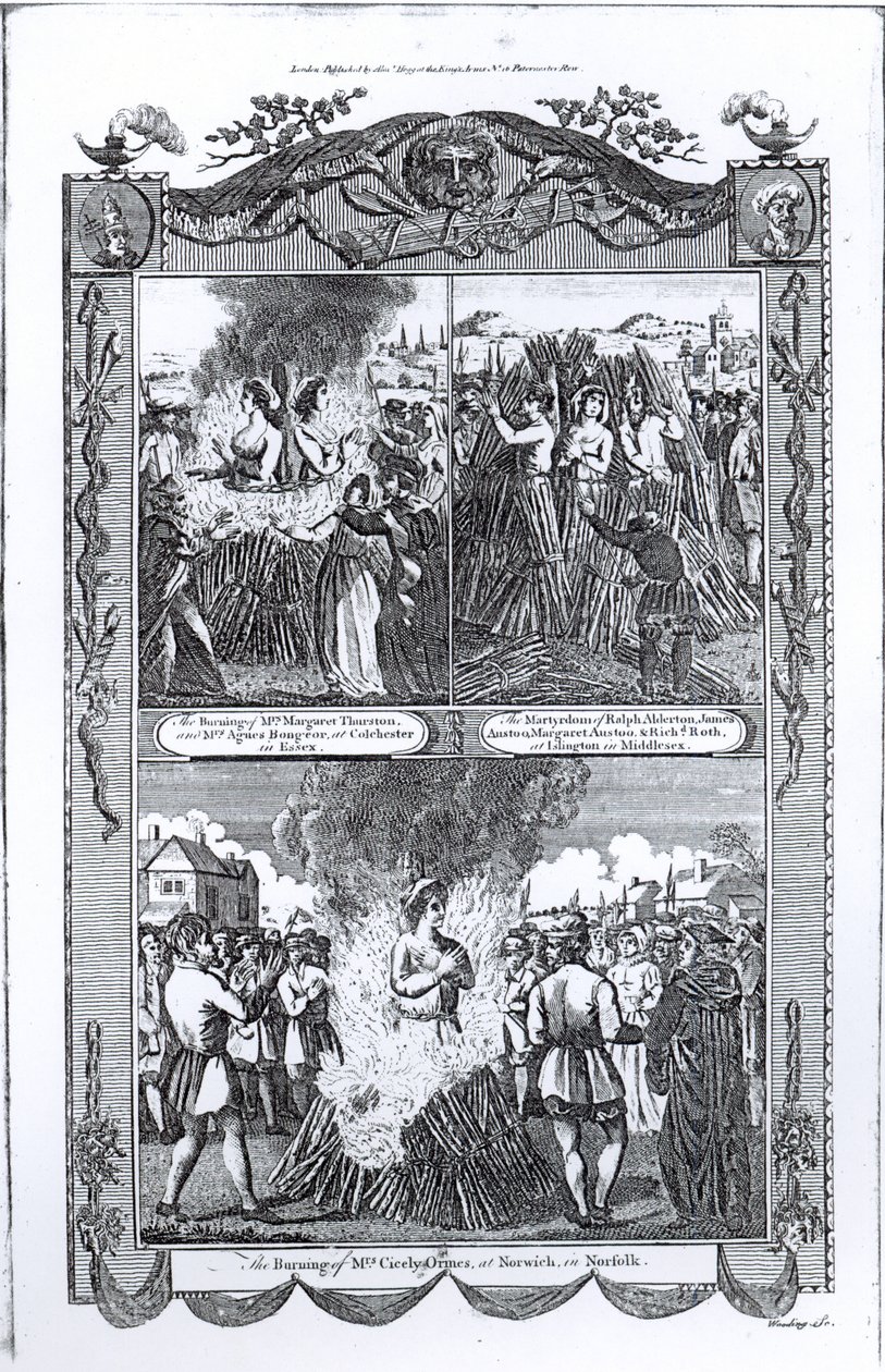 Män och kvinnor brändes på bål 1557, från en utgåva av "Acts and Monuments" av John Foxe (1516-87) av English School