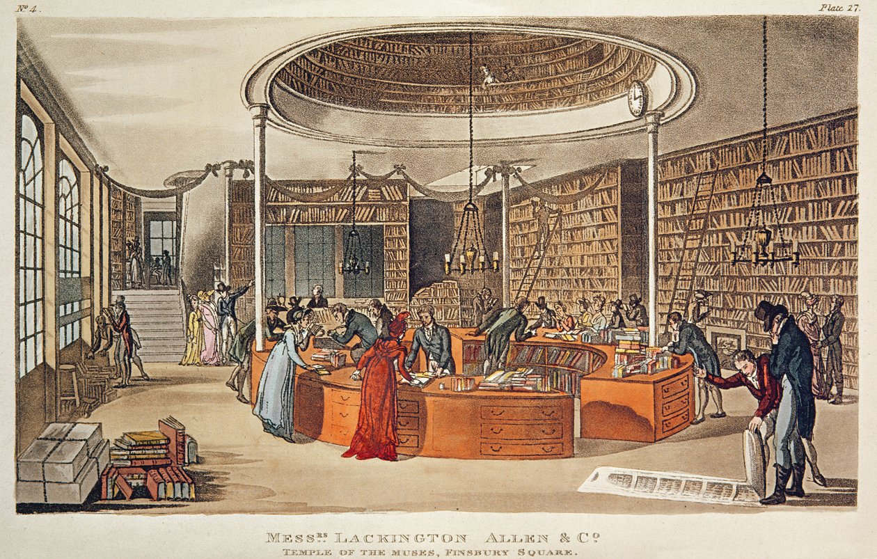 Herrarna Lackington, Allen und Co. Musetemplet, Finsbury Square, London, 1809 (handfärgad etsning med akvatint) av English School