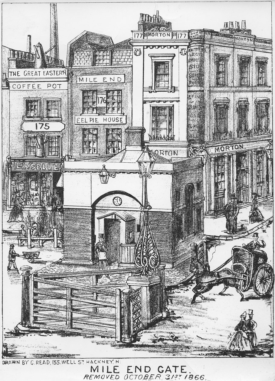 Mile End Gate, c.1866 (kalamu na makaa kwenye karatasi)swed av English School