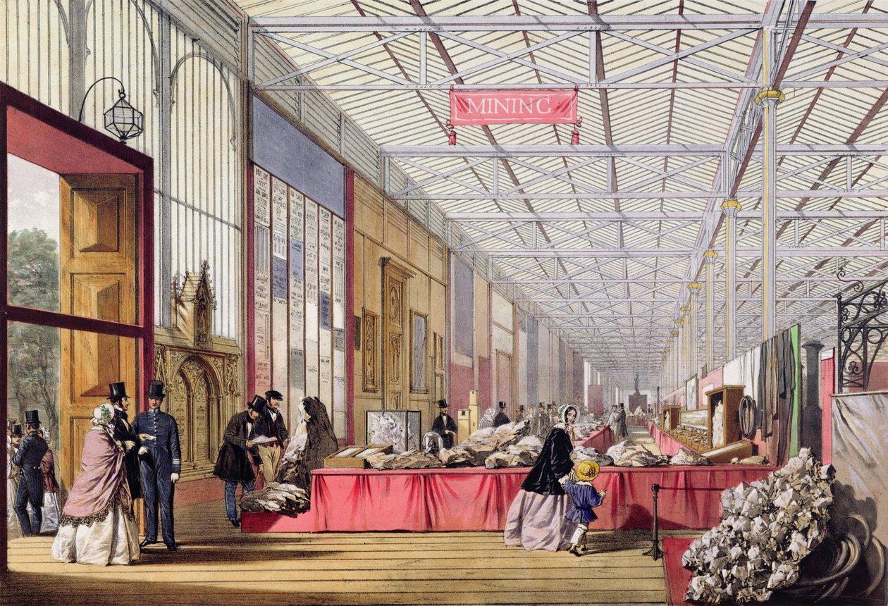 Minerals: Galleri som visar stenar och kristaller på den stora utställningen 1851, från "Dickinsons omfattande bilder" av English School