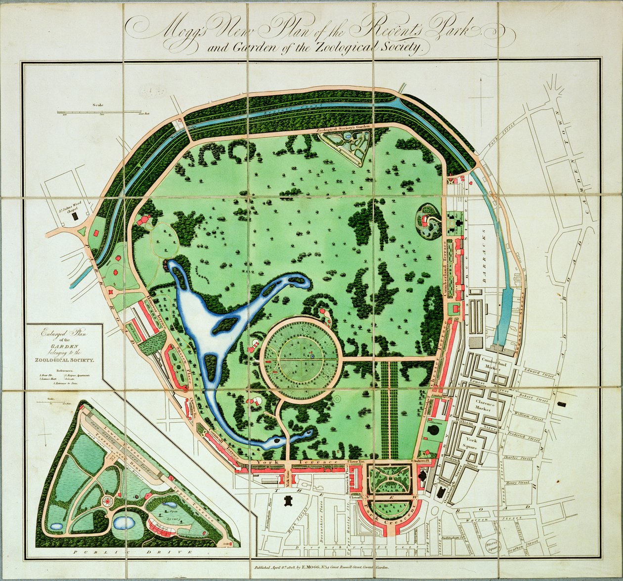 Moggs nya plan för Regents Park and Garden of the Zoological Society, pub. av Edward Mogg, 1828 av English School