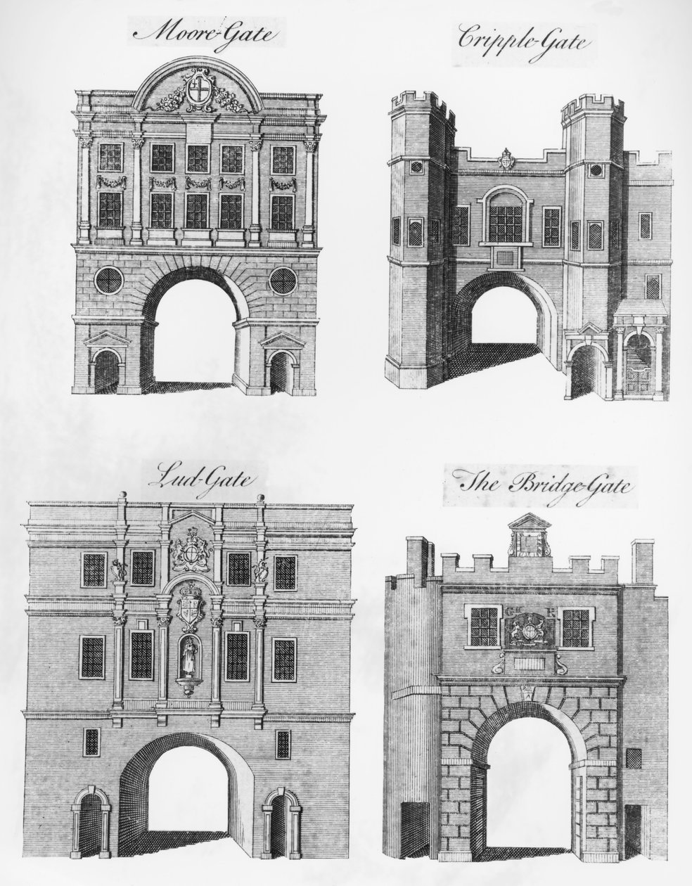 Moorgate, Cripplegate, Ludgate och The Bridgegate av English School