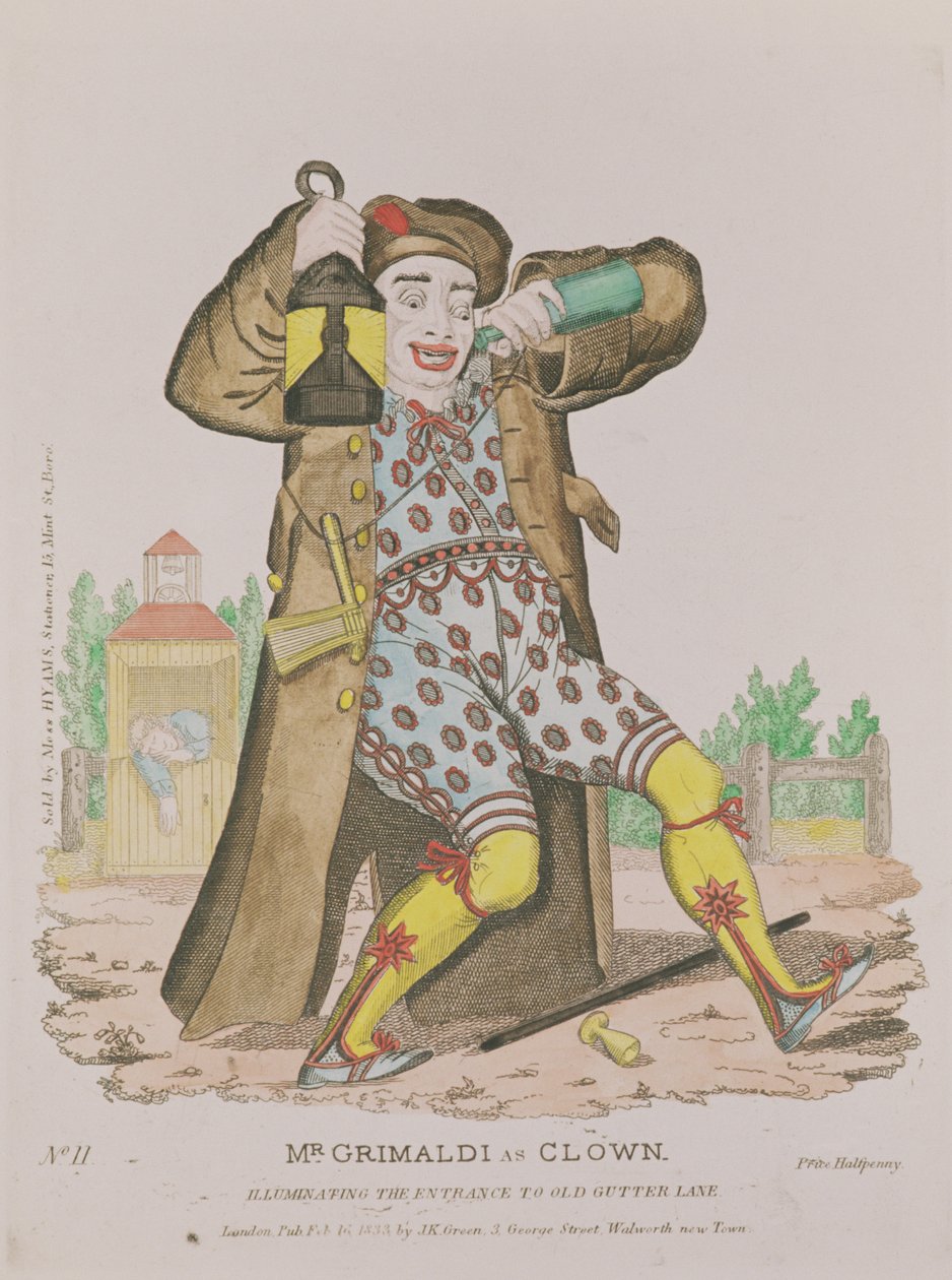 Mr Grimaldi som clown, lyser upp ingången till Old Gutter Lane, pub. 1833 av English School
