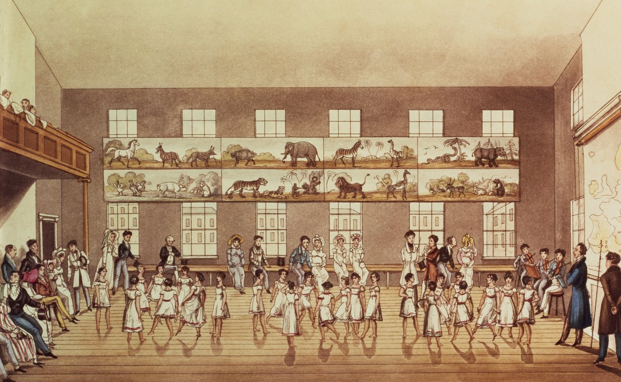 Mr Owens Institution, New Lanark (Quadrille Dancing), graverad av George Hunt, pub. 1825 av English School