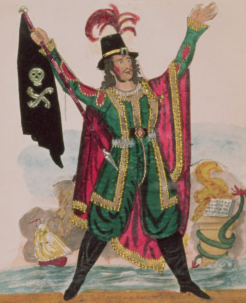 Mr.T.P.Cooke i rollen som den flygande holländaren (gravyr och collage) av English School